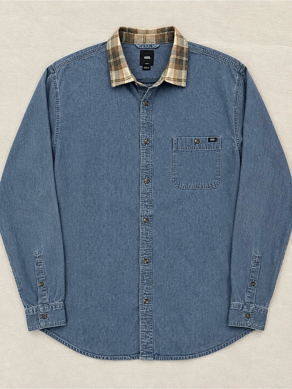 VANS LOOSE FIT DEERFIELD BLUE DENIM BUTTON DOWN SHIRT PLAID COLLAR SIZE LARGE